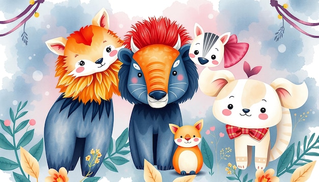 Photo watercolor illustration of cute cartoon animals with flowers