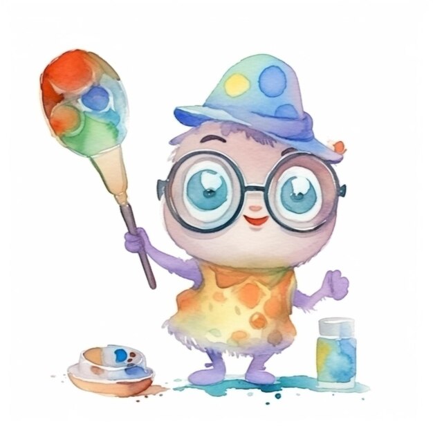 Watercolor illustration of a cute cartoon cat with glasses and a hat.