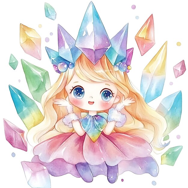 Watercolor Illustration of a Cute Cartoon Princess Surrounded by Crystals