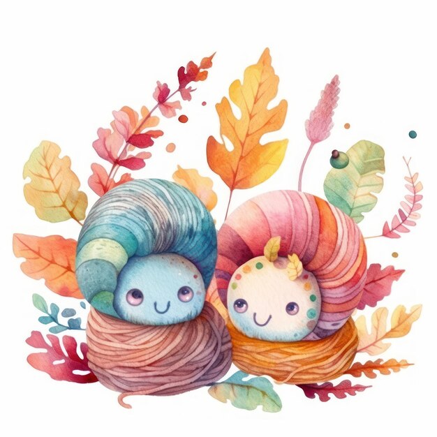 A watercolor illustration of a cute couple of yarn birds.