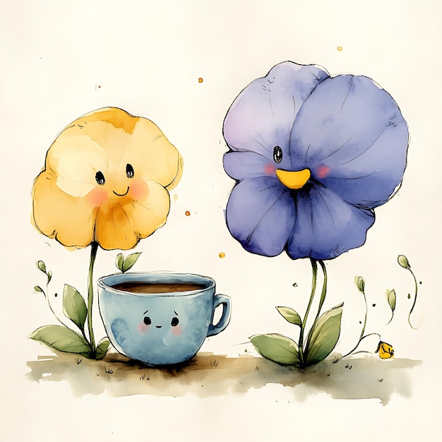 Watercolor Illustration of Cute Flowers and a Coffee Cup