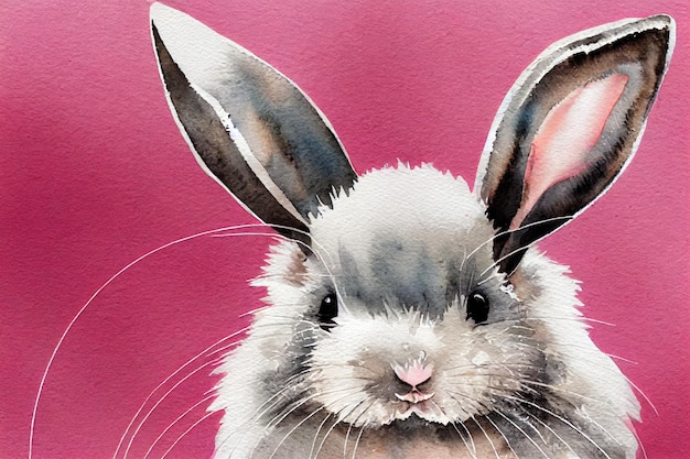 Watercolor illustration of a cute fluffy grey rabbit with