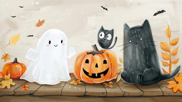 Watercolor illustration of cute and friendly Halloween characters