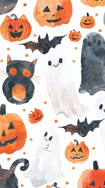 Watercolor illustration of cute and friendly Halloween characters