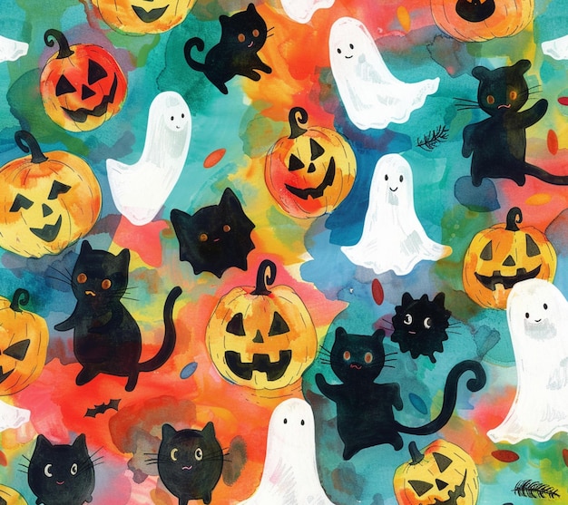 Watercolor illustration of cute and friendly Halloween characters