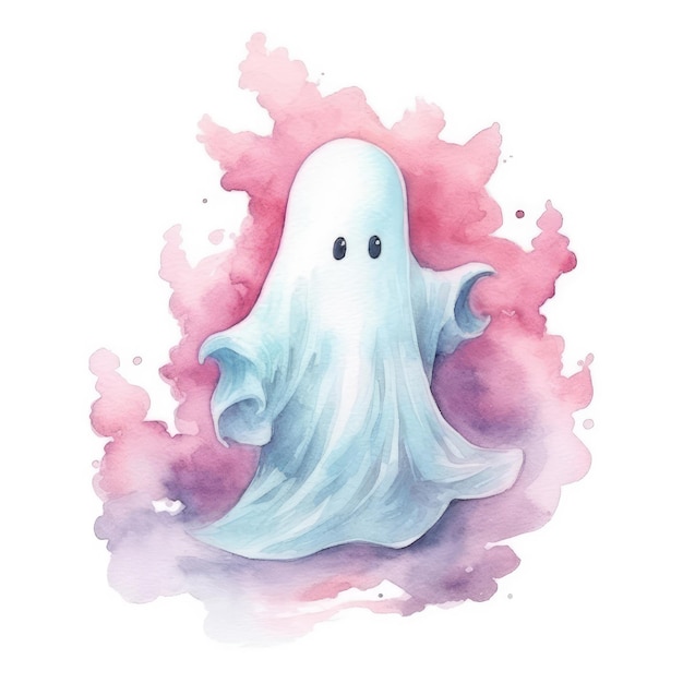 Watercolor illustration of a cute ghost isolated on a white background