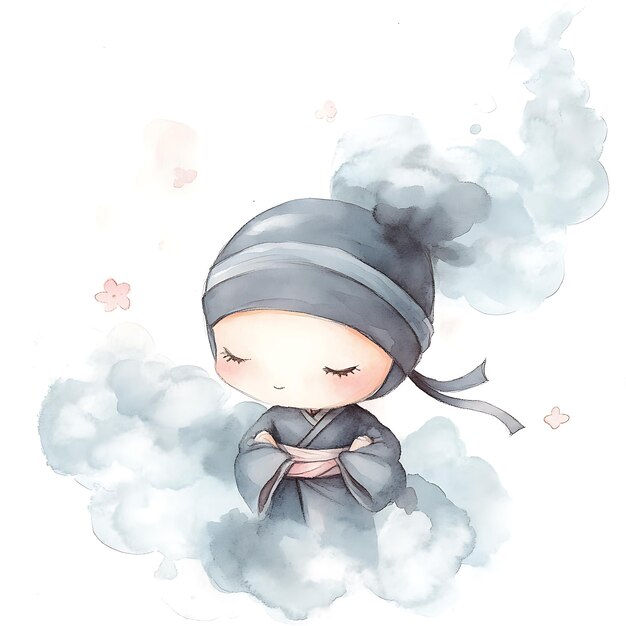 Photo watercolor illustration of a cute girl in a traditional asian outfit surrounded by clouds