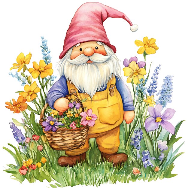 Photo watercolor illustration of a cute gnome holding a basket of flowers