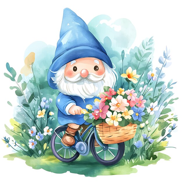 Photo watercolor illustration of a cute gnome riding a bicycle through a field of flowers