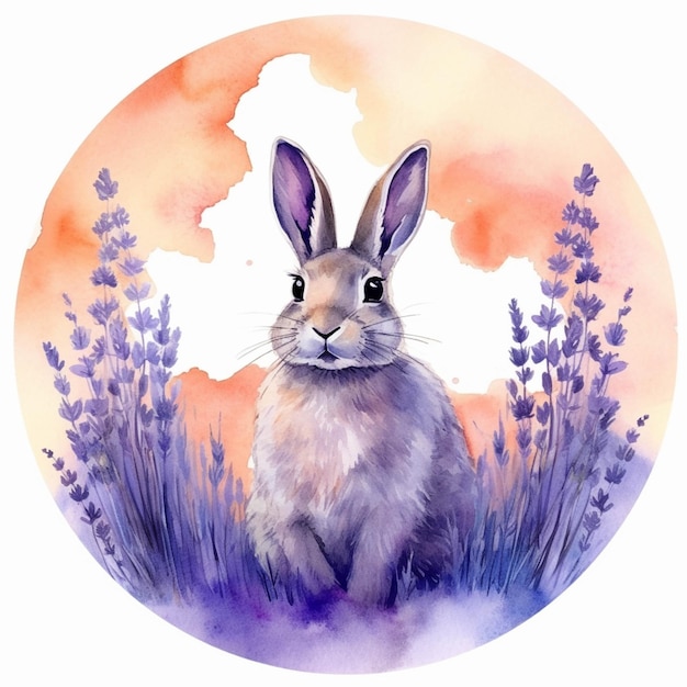 Watercolor illustration of a cute hare on lavender background