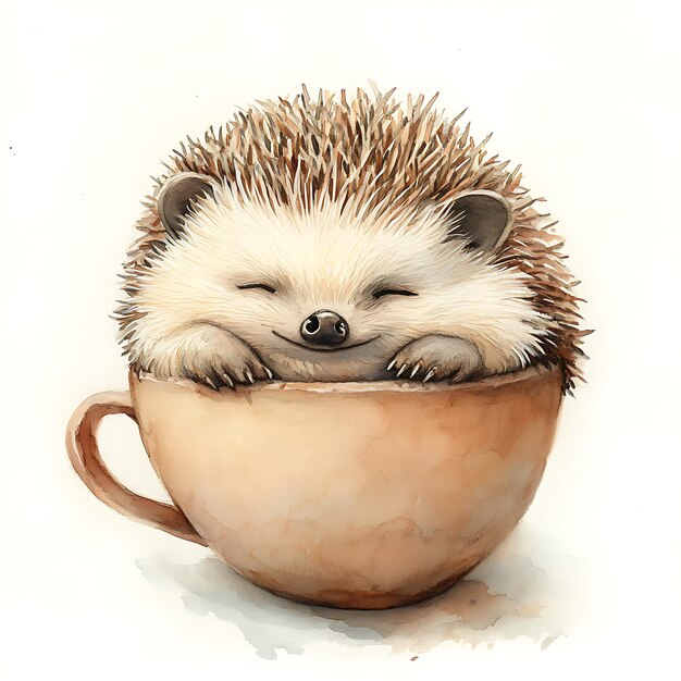 A Watercolor Illustration of a Cute Hedgehog Snuggling in a Teacup