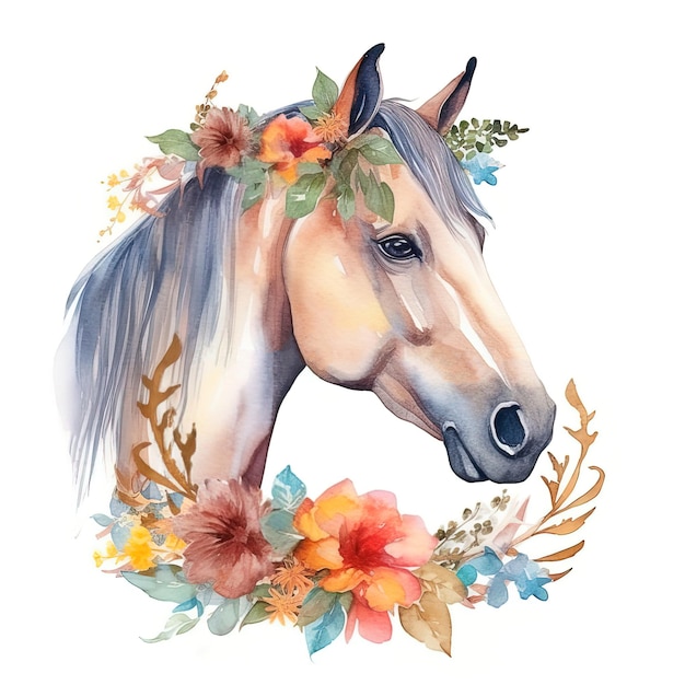 Watercolor illustration of a cute horse in flowers on a white background generated ai