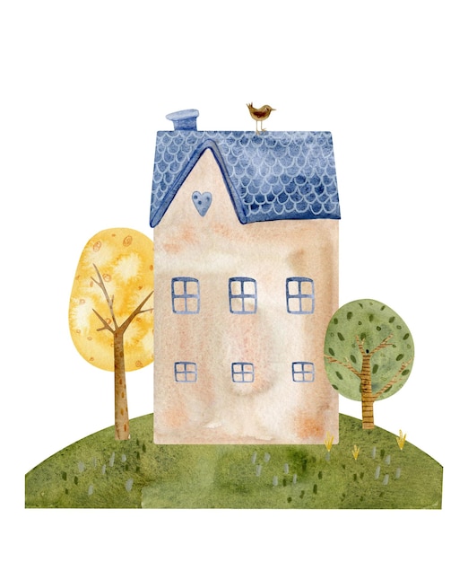 Photo watercolor illustration of a cute house with a tree in a clearing hand drawn house on a hill