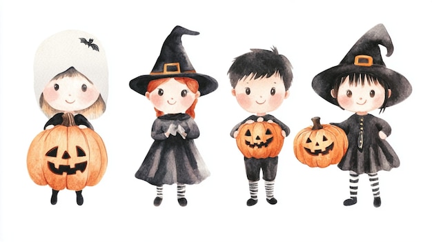 Watercolor illustration of cute kids wearing Halloween costumes