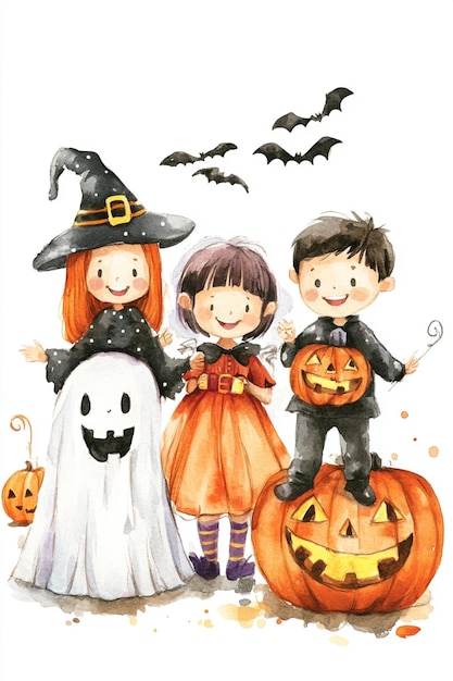 Photo watercolor illustration of cute kids wearing halloween costumes