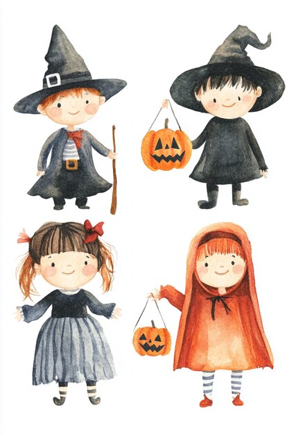 Photo watercolor illustration of cute kids wearing halloween costumes