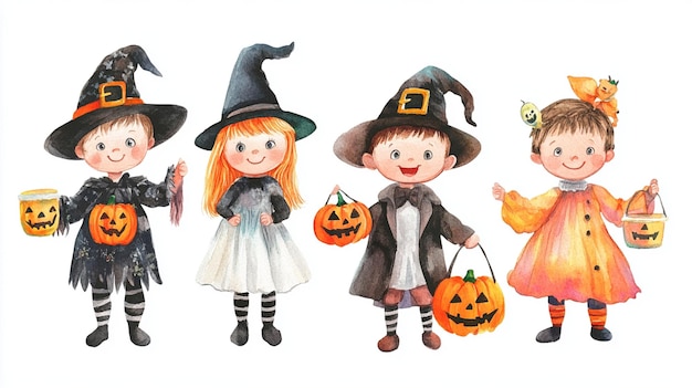 Photo watercolor illustration of cute kids wearing halloween costumes