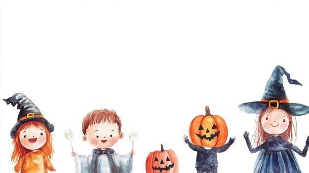 Photo watercolor illustration of cute kids wearing halloween costumes