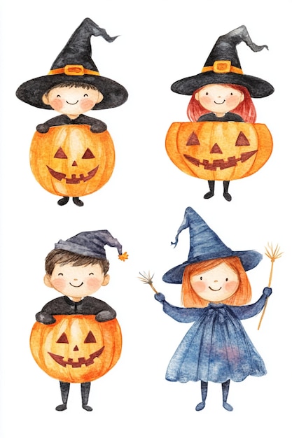 Watercolor illustration of cute kids wearing Halloween costumes