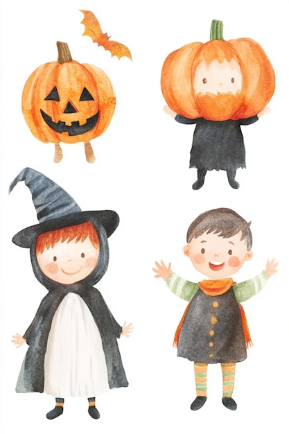 Watercolor illustration of cute kids wearing Halloween costumes