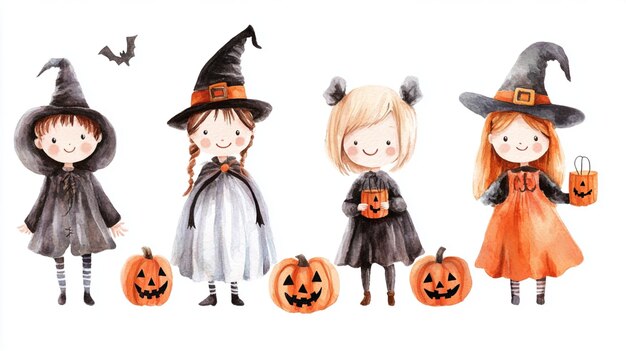 Photo watercolor illustration of cute kids wearing halloween costumes