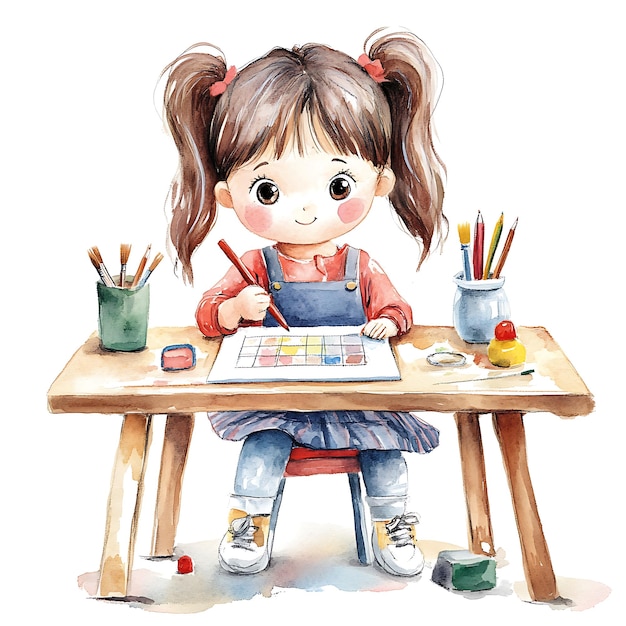 Watercolor Illustration of a Cute Little Girl Drawing at a Table