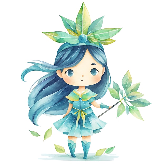 Watercolor Illustration of a Cute Little Girl Dressed in Green and Blue with a Leaf Crown and Wand