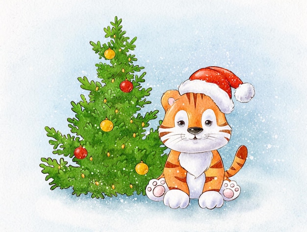 Watercolor illustration of cute little tiger in Santa hat sitting near Christmas tree