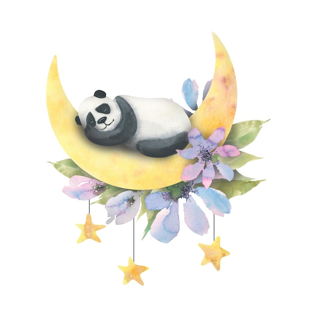 Watercolor illustration of a cute panda sleeping on the moon with delicate lilac flowers and hanging stars For the design and decoration of postcards posters banners spas wallpapers