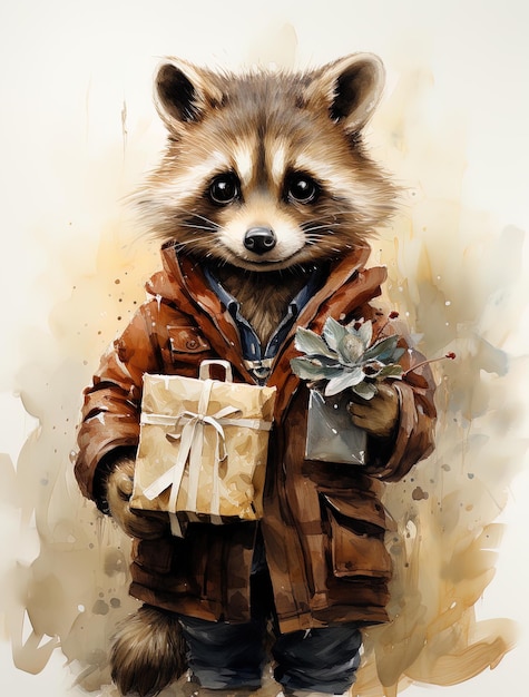 Watercolor illustration of a cute raccoon in love all dressed up and holding a gift in his hand