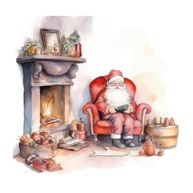 Watercolor illustration of cute Santa Claus Funny hand drawn character Christmas illustration