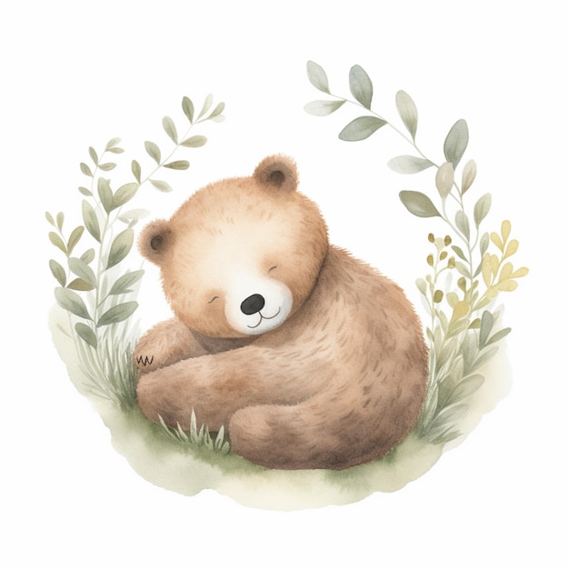 Watercolor illustration cute sleeping fluffy bear image