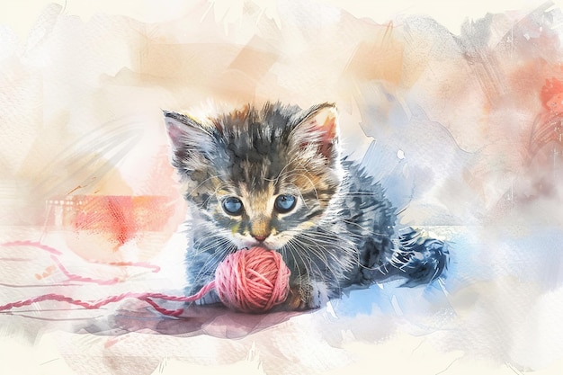 Photo watercolor illustration cute tabby little kitten playing with pink ball of yarn