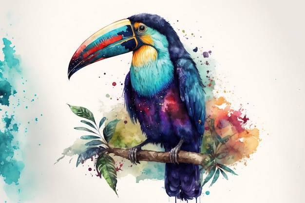 Watercolor illustration of a cute toucan bird an African animal a toucan and other exotic fauna