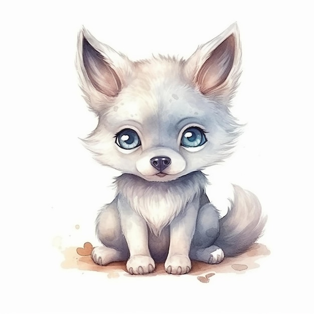 Watercolor illustration of a cute wolf isolated on white background