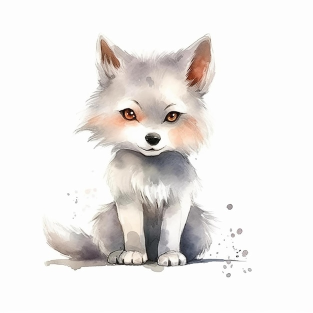 Watercolor illustration of a cute wolf isolated on white background