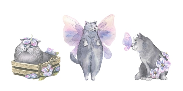 Watercolor illustration of delicate pinklilac butterflies and cute gray cats Airy light gentle For banner design postcards clothing design posters wallpaper