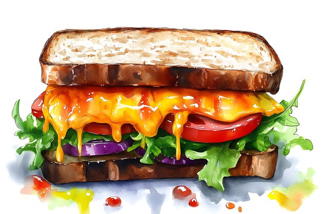 Photo watercolor illustration of a delicious sandwich with melted cheese