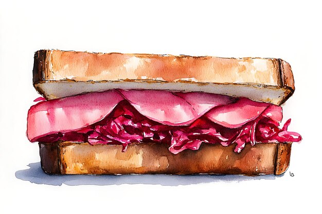 Photo watercolor illustration of a delicious sandwich with red cabbage and pink meat