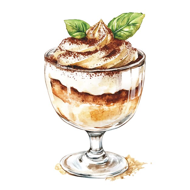 Photo watercolor illustration of a delicious tiramisu dessert