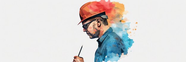 Photo a watercolor illustration depicting an architect with a hard hat and a paintbrush symbolizing