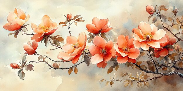 Photo watercolor illustration depicting colorful flowers painting on canvas