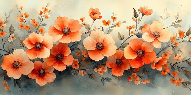 Photo watercolor illustration depicting colorful flowers painting on canvas