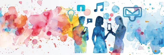 Photo a watercolor illustration depicting the concept of digital communication and collaboration with