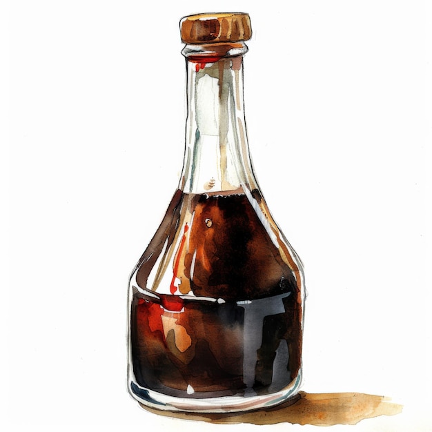 A watercolor illustration depicting a glass bottle filled with balsamic vinegar featuring a cork stopper and detailed reflections