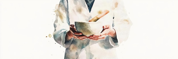 Photo a watercolor illustration depicting a pharmacist in a white coat holding a mortar and pestle