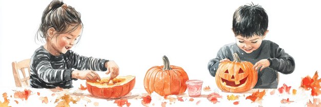 Photo a watercolor illustration depicting two children carving pumpkins for halloween one child is s