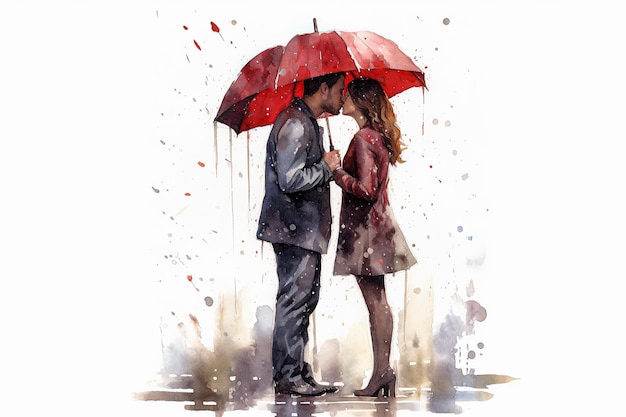 a watercolor illustration depicts a couple strolling outdoors after the rain