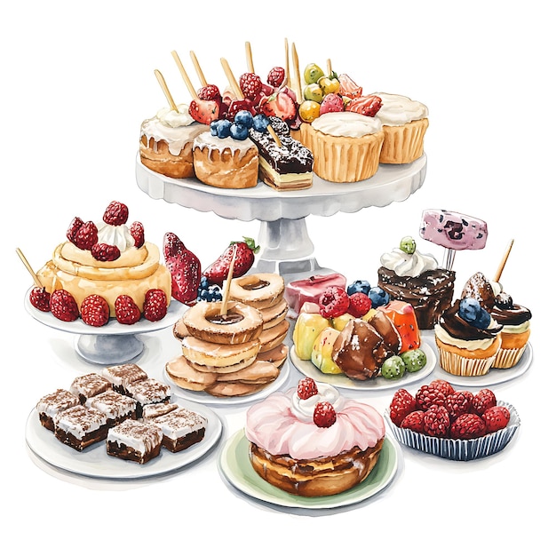 Photo watercolor illustration of a dessert table with various pastries cakes and fruits