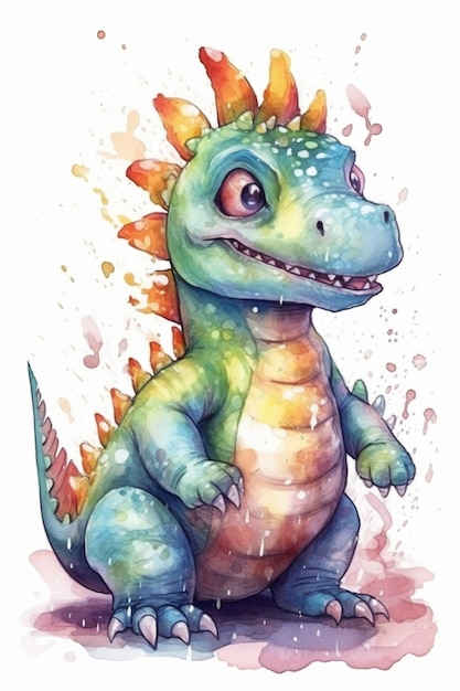 A watercolor illustration of a dinosaur with a green and blue dinosaur on its head.